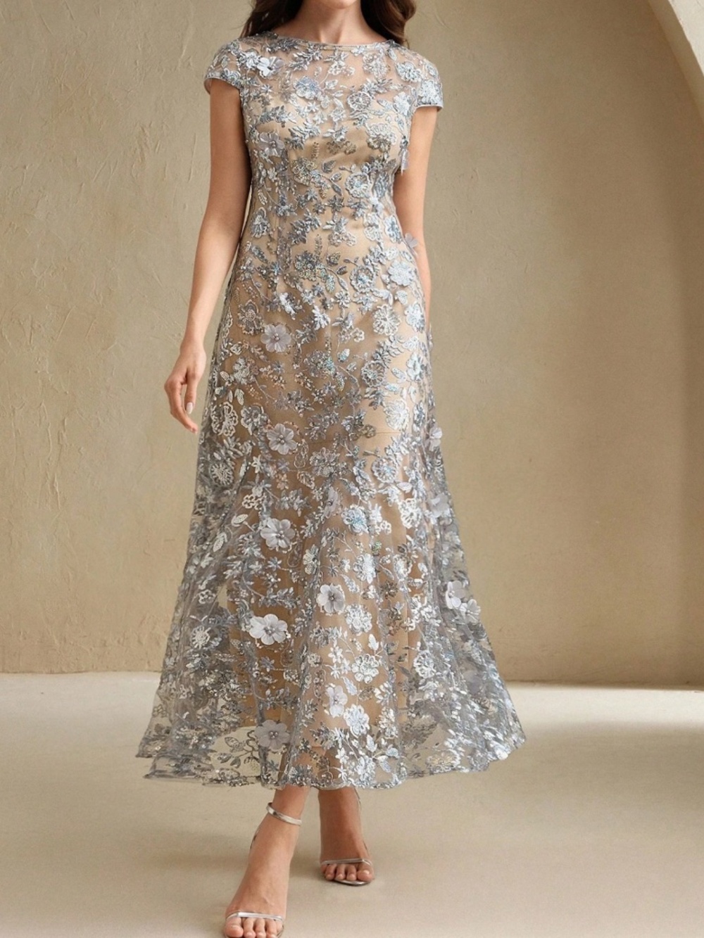 Luxe Silver Floral Sequin Cap Sleeve Party Evening Wedding dress